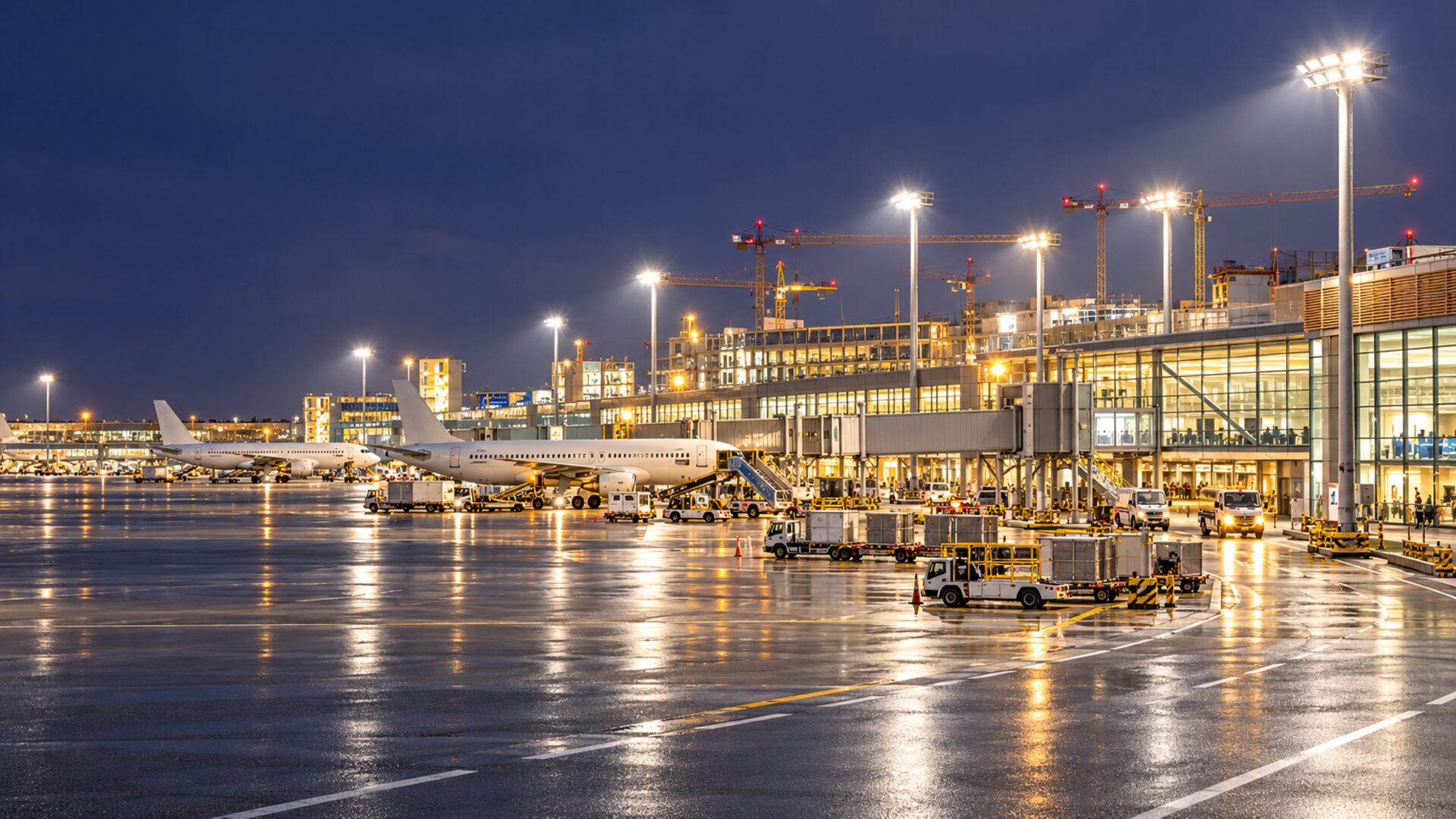 Modern airport terminal frontage, apron-side roads and brightly lit outdoor infrastructure