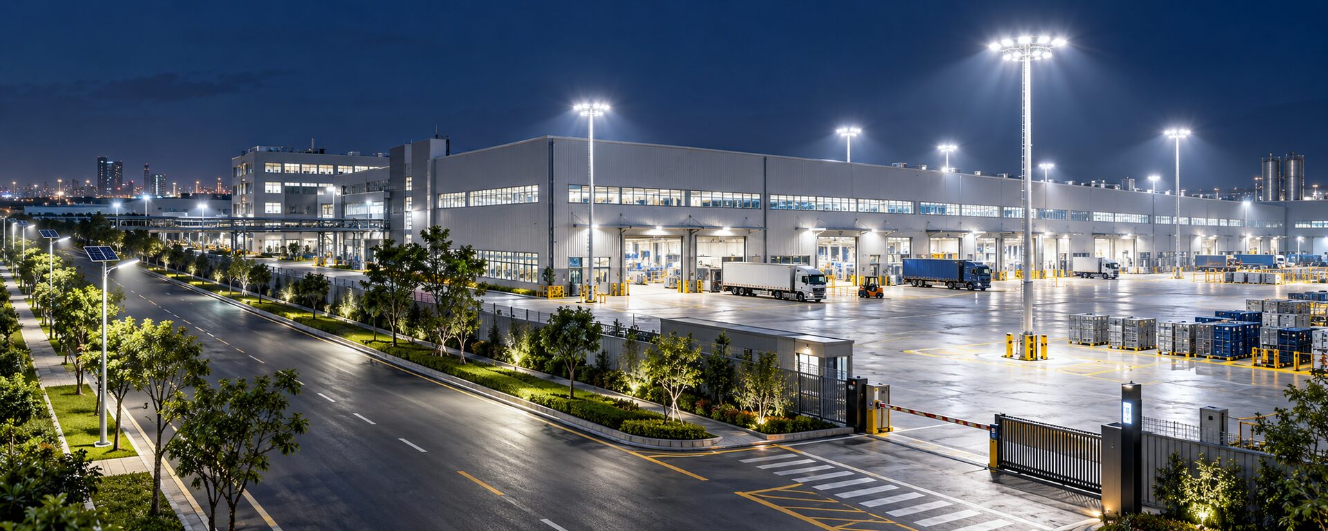 Modern factory campus and industrial access roads illuminated by high-mast and solar lighting