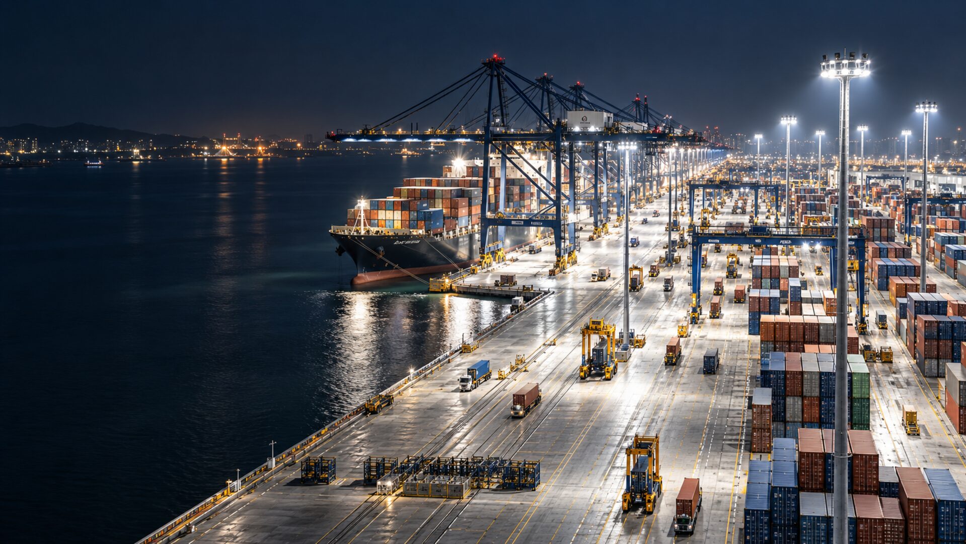 Bright container terminal with ship-to-shore cranes, container stacks and high-mast floodlights