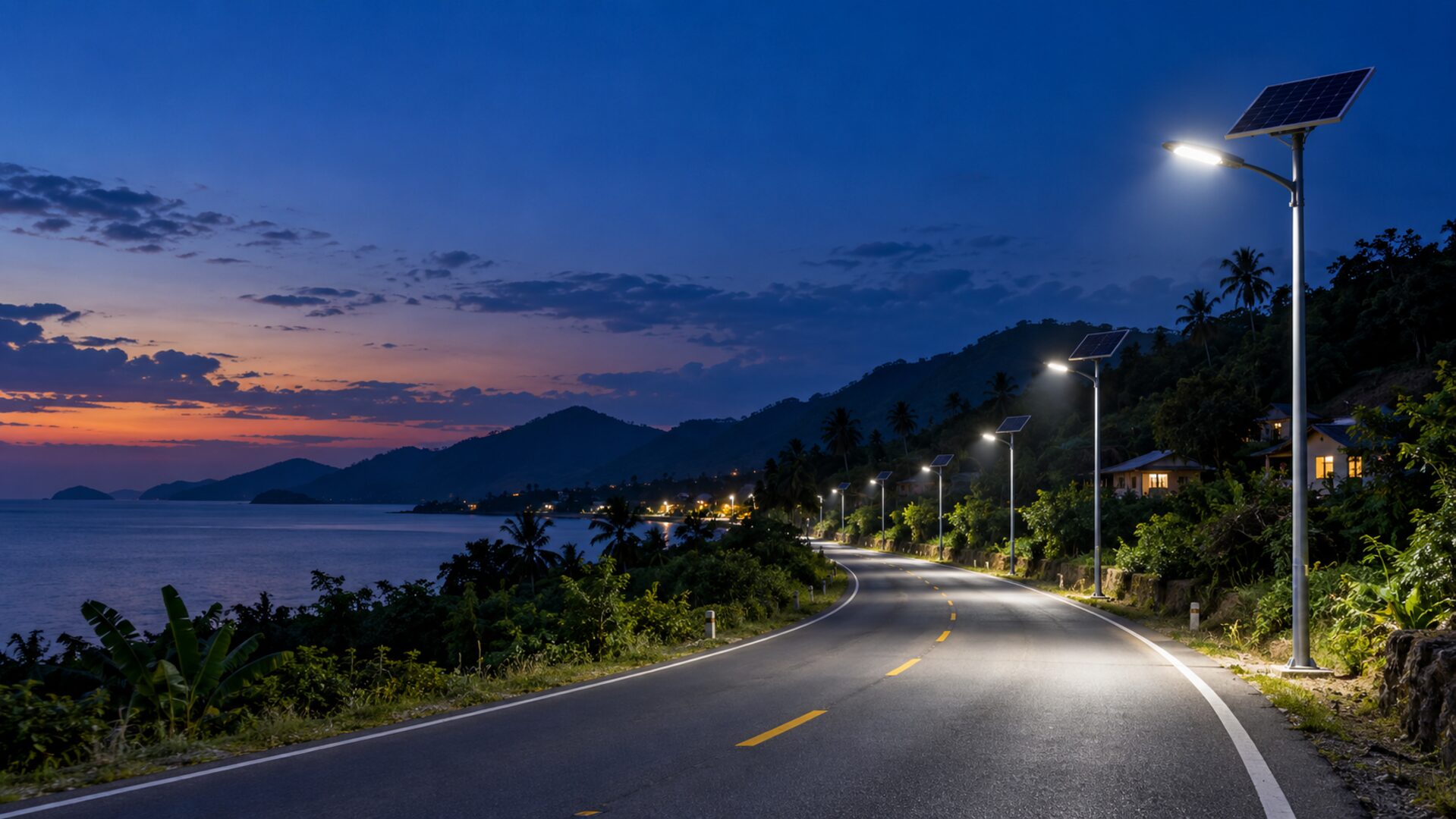 Remote rural road through a coastal landscape illuminated by off-grid solar street lights