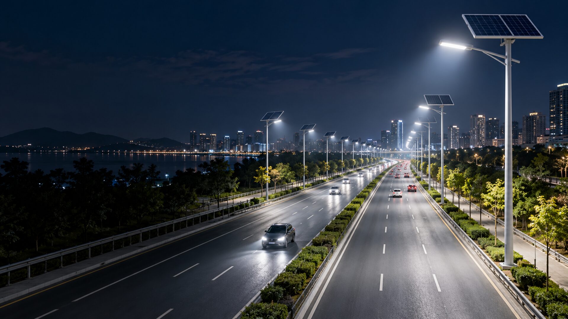 Major urban arterial illuminated by solar street lights with visible photovoltaic panels