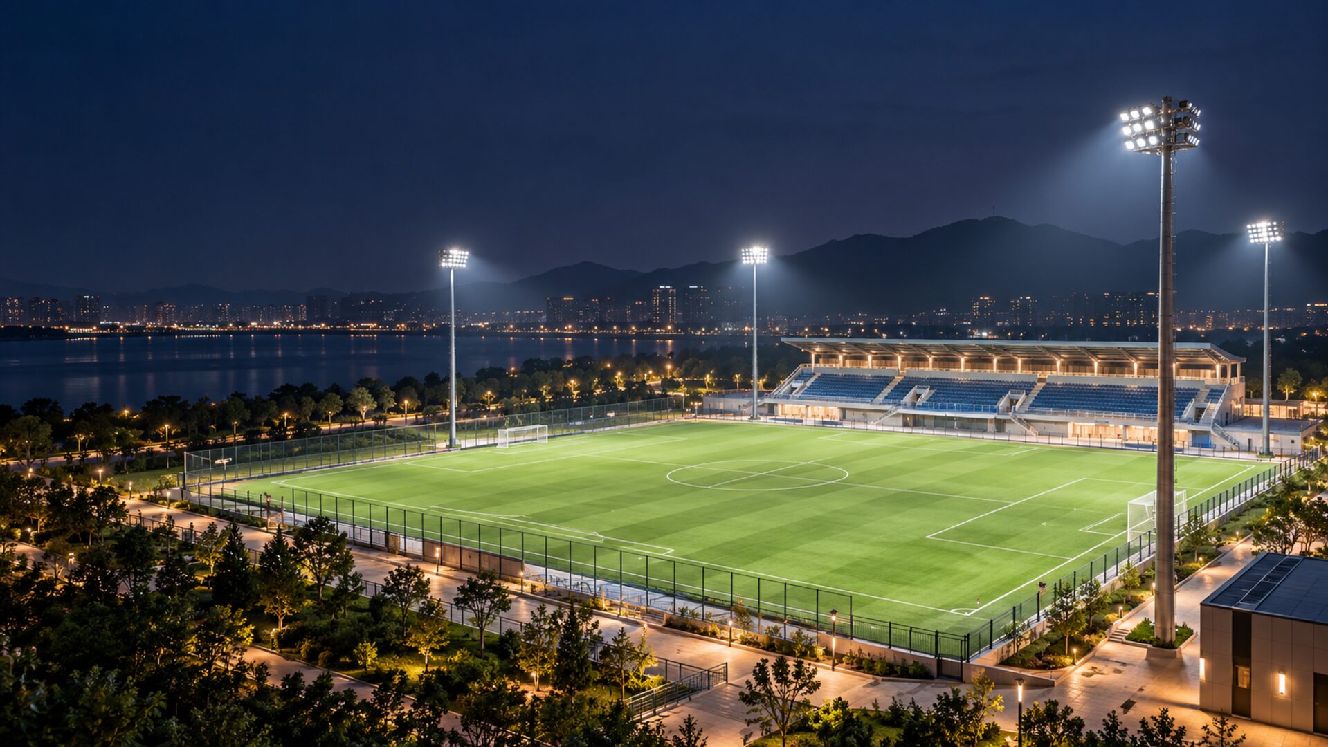 Bright outdoor sports field with professional floodlight masts and visible playing markings